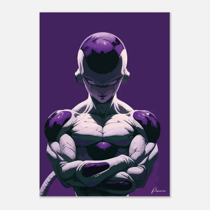 Affiche de personnage d’anime violet et blanc mettant en scène une figure musclée aux yeux verts luminescents, avec des accents violets sur la tête, les épaules, la poitrine et les mains.