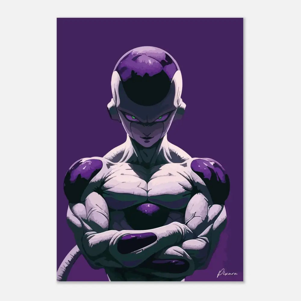 Affiche de personnage d’anime violet et blanc mettant en scène une figure musclée aux yeux verts luminescents, avec des accents violets sur la tête, les épaules, la poitrine et les mains.