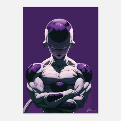 Affiche de personnage d’anime violet et blanc mettant en scène une figure musclée aux yeux verts luminescents, avec des accents violets sur la tête, les épaules, la poitrine et les mains.