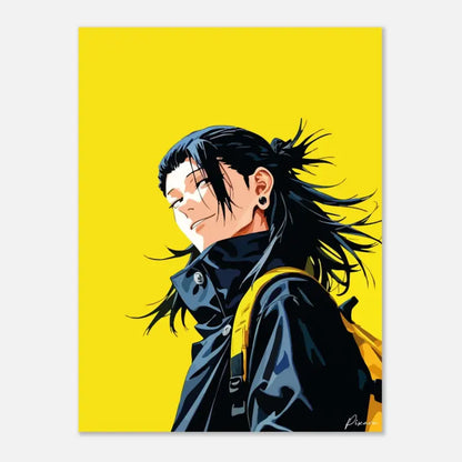 Impression sur toile jaune vibrant mettant en scène un personnage de style anime aux cheveux noirs et à la veste sombre.