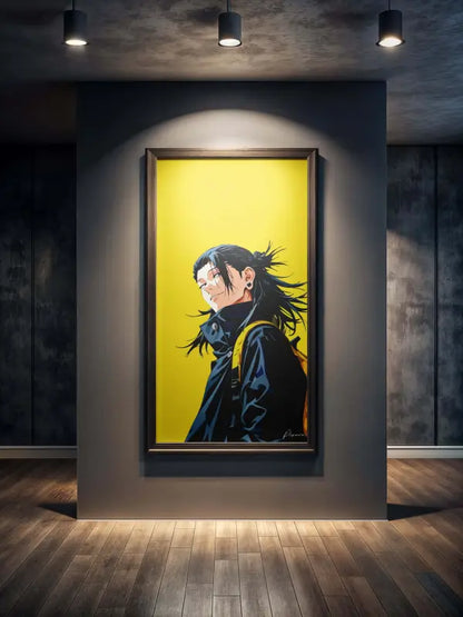 Un portrait encadré de style anime d’une personne aux longs cheveux noirs et portant une veste sombre sur un fond jaune vibrant, enfermé dans un cadre en bois simple.