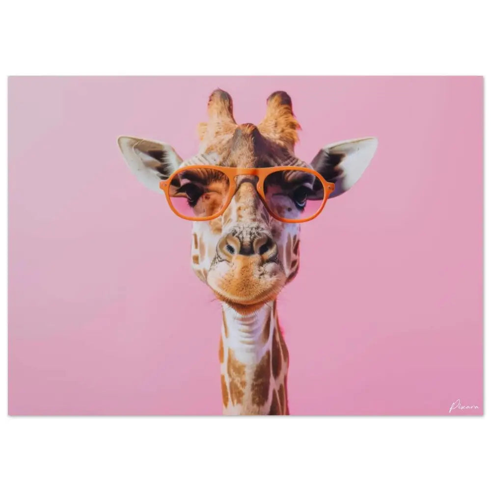 Une girafe avec des lunettes de soleil orange sur un fond rose.