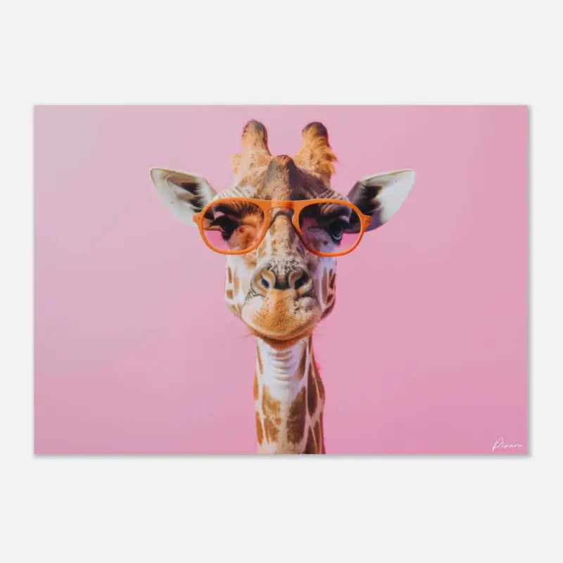 Une girafe avec des lunettes à monture orange sur un fond rose.
