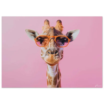 Une girafe avec un pelage brun et crème à motifs portant des lunettes de soleil orange vif sur un fond rose uni.