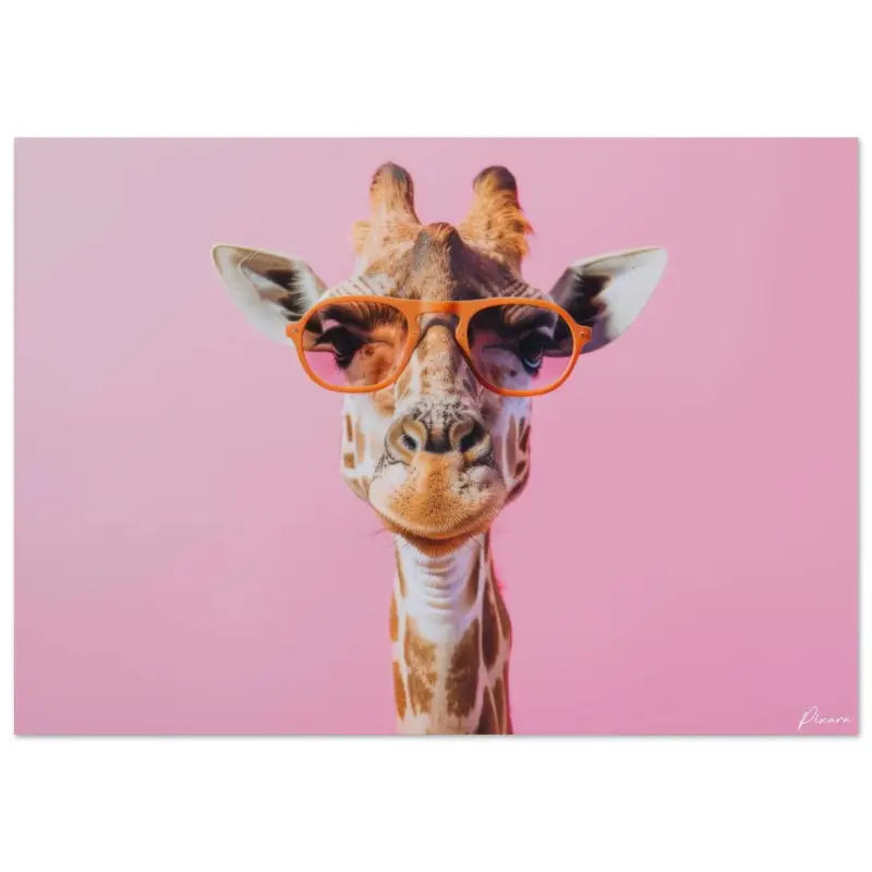 Une girafe avec un pelage brun et crème à motifs portant des lunettes de soleil orange vif sur un fond rose uni.