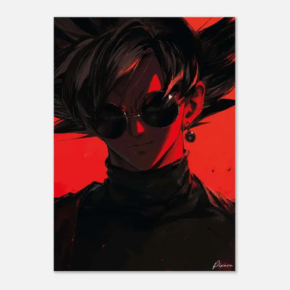 Un portrait anime frappant en impression mettant en scène un personnage aux cheveux noirs hérissés, des lunettes de soleil rondes foncées et une boucle d’oreille sur un fond rouge audacieux.