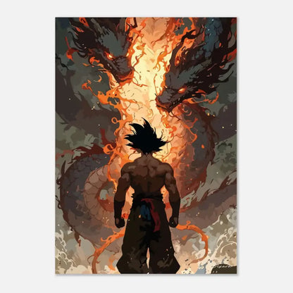 Une affiche d’anime vibrante mettant en scène une figure musclée aux cheveux noirs hérissés se tenant devant deux créatures semblables à des dragons enflammés, enveloppées de flammes orange et rouges.