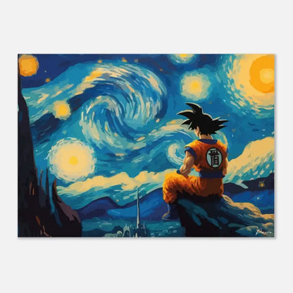 Impression sur toile de style anime vibrant en orange et bleu présentant Goku de Dragon Ball Z assis sur une falaise sous un ciel étoilé tourbillonnant rappelant « La Nuit étoilée » de Van Gogh.
