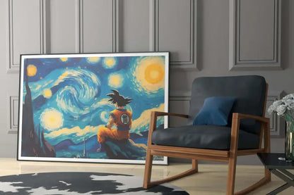 Une œuvre d’art encadrée représentant Goku de Dragon Ball assis sur un affleurement rocheux sous des cieux tourbillonnants remplis d’étoiles dans le style de « La Nuit étoilée » de Van Gogh, avec des bleus et des jaunes vibrants contre un cadre blanc.