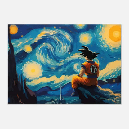 Impression sur toile style anime orange et bleu présentant Goku de Dragon Ball assis sur un rocher devant un ciel nocturne étoilé tourbillonnant rappelant « La Nuit étoilée » de Van Gogh.