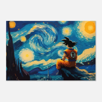 Toile peinte en orange et bleu représentant Goku de Dragon Ball assis sur un rocher sous un ciel étoilé tourbillonnant rappelant la ’Nuit étoilée’ de Van Gogh.