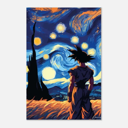 Impression sur toile vibrante en bleu et orange présentant Goku de Dragon Ball debout devant un ciel nocturne étoilé tourbillonnant rappelant la ’Nuit étoilée’ de Van Gogh.