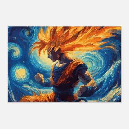 Goku aux cheveux orange vibrants en forme Super Saiyan, représenté avec un arrière-plan tourbillonnant bleu et jaune étoilé rappelant le style de Van Gogh.