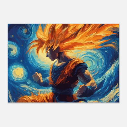 Goku aux cheveux orange vibrants dans une pose dynamique, rendu avec des coups de pinceau tourbillonnants bleus et jaunes rappelant le style de Van Gogh.