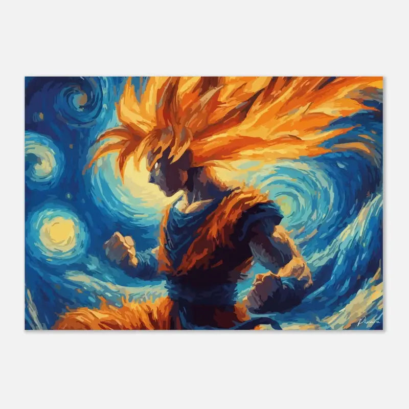 Goku aux cheveux orange vibrants dans une pose dynamique, rendu avec des coups de pinceau tourbillonnants bleus et jaunes rappelant le style de Van Gogh.