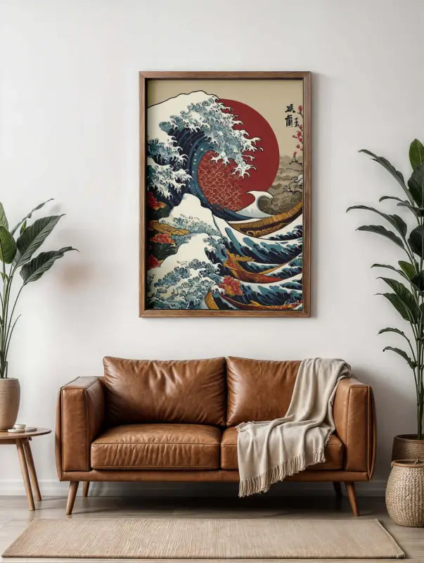 Une reproduction encadrée de « La Grande Vague de Kanagawa » de Hokusai, présentant un soleil rouge audacieux et des vagues bleu-vert dynamiques, enfermée dans un cadre en bois simple.