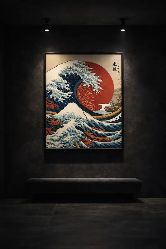 Une reproduction encadrée de « La Grande Vague de Kanagawa » de Hokusai, présentant un soleil rouge audacieux et des vagues bleues dynamiques s’écrasant sur le mont Fuji, rendue dans le style traditionnel ukiyo-e avec un détail intricé.