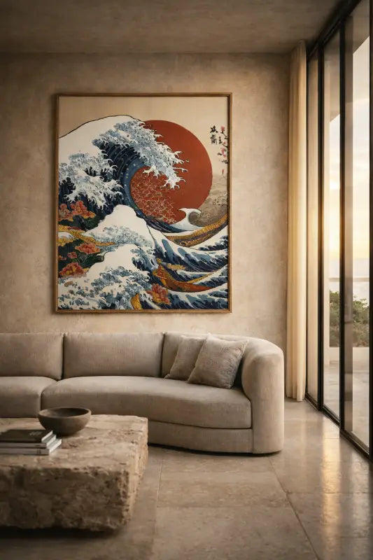 Une reproduction encadrée de ’La Grande Vague de Kanagawa’ de Hokusai, présentant un soleil rouge audacieux et des vagues bleu-blanc dynamiques, rendue dans le style traditionnel ukiyo-e avec des accents dorés.