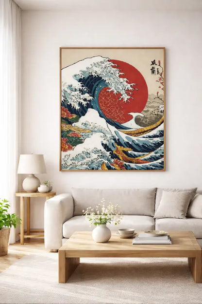 Une reproduction encadrée de « La Grande Vague de Kanagawa » de Hokusai, présentant un soleil rouge vibrant, des vagues bleues et blanches dynamiques avec des accents dorés, et des fleurs de cerisier dans le coin.