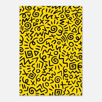 Toile rectangulaire jaune vif ornée d’un motif abstrait audacieux en noir composé de lignes tourbillonnantes, de formes géométriques et de symboles.