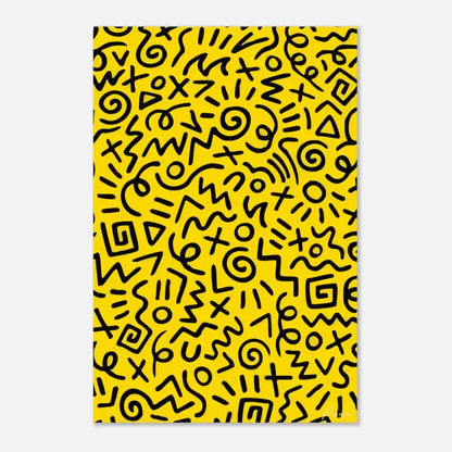 Toile jaune vibrant ornée d’un motif gribouillis abstrait audacieux et noir.