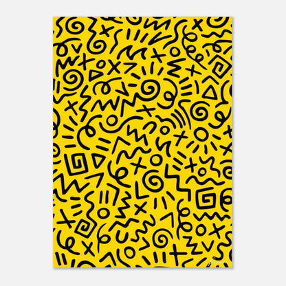 Toile jaune vibrant ornée d’un motif ludique dessiné à la main de symboles et formes abstraits noirs.