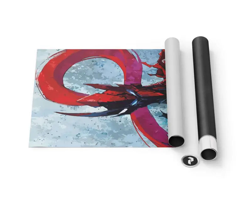 Affiche d’art stylisé de dragon vibrant en rouge et noir, déroulée sur une surface blanche avec des manches de rouleau assortis gris et noir à proximité.