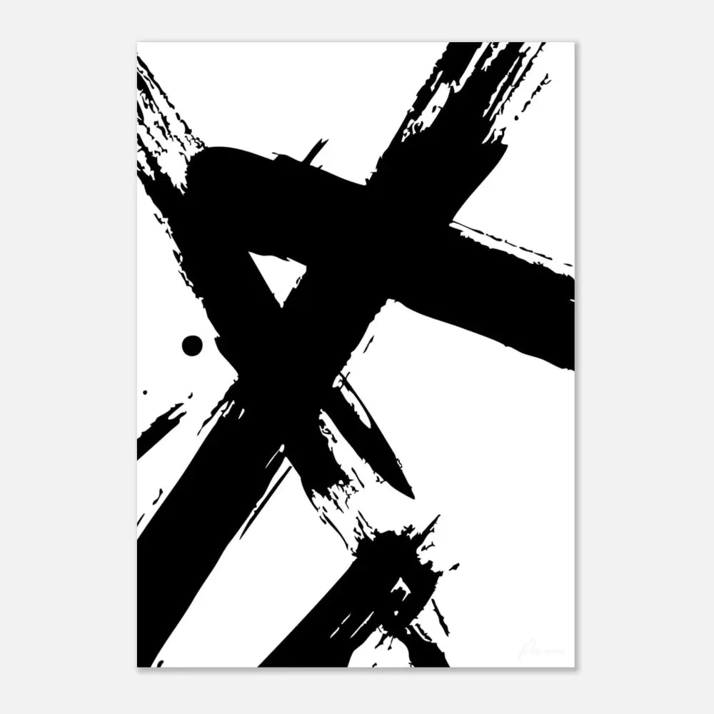 Œuvre abstraite de coups de pinceau à l’encre noire sur toile blanche.