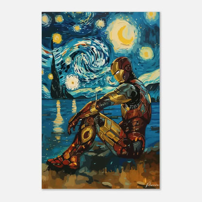 Iron Man dans un costume rouge et or est assis pensivement contre un ciel nocturne tourbillonnant et étoilé rappelant le « Nuit étoilée » de Van Gogh.