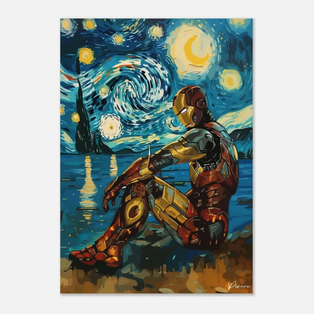Iron Man dans un costume rouge et or est assis pensivement contre un ciel nocturne tourbillonnant et étoilé rappelant « La Nuit étoilée » de Van Gogh.