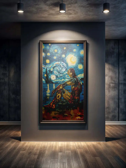 Un tableau encadré représentant Iron Man assis sous un ciel nocturne tourbillonnant et étoilé, évoquant le « Nuit étoilée » de Van Gogh, rendu en bleus et ors vibrants avec des coups de pinceau audacieux.