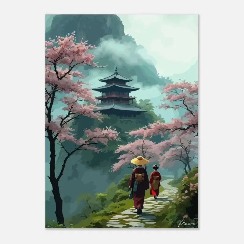 Une peinture numérique sereine représente deux figures en robes traditionnelles marchant le long d’un chemin de pierre sous des cerisiers en fleurs roses, avec un pagodon à étages multiples niché parmi des montagnes brumeuses en arrière-plan.