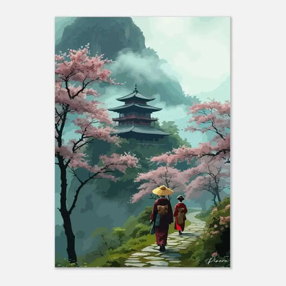 Une œuvre d’art numérique sereine dépeignant deux figures en robes traditionnelles marchant le long d’un chemin de pierre bordé de cerisiers en fleurs roses, menant vers un pagoda brumeux niché parmi des montagnes vertes.