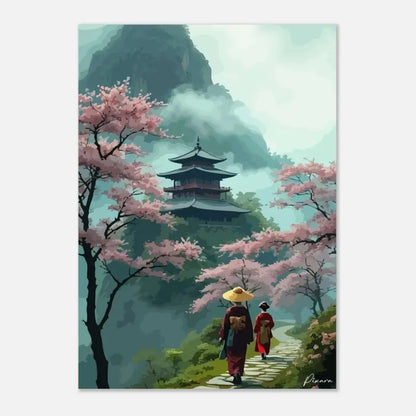 Une peinture numérique sereine dépeint deux figures en robes traditionnelles marchant le long d’un chemin de pierre bordé d’arbres de cerisiers en fleurs roses, menant vers un pagode brumeux niché parmi des montagnes vertes.