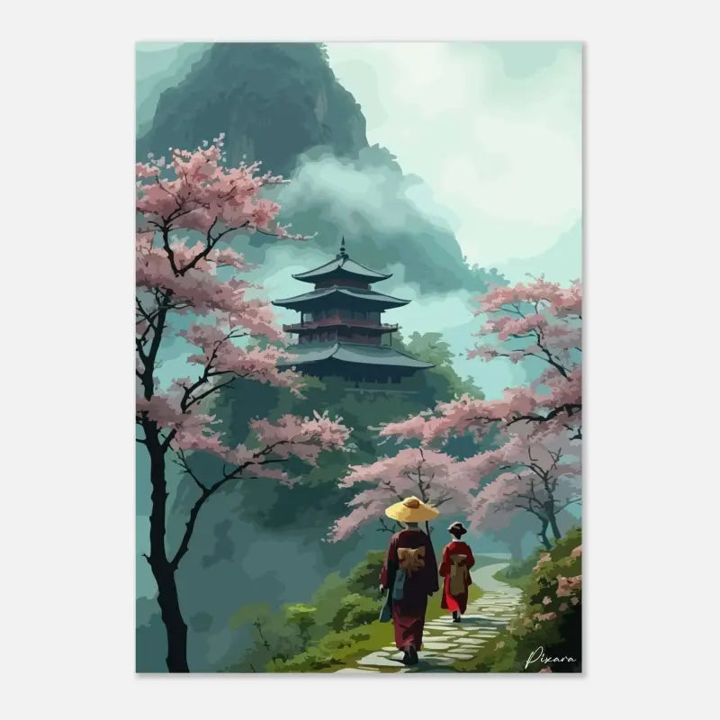 Une peinture numérique sereine dépeint deux figures en robes traditionnelles marchant le long d’un chemin de pierre bordé d’arbres de cerisiers en fleurs roses, menant vers un pagode brumeux niché parmi des montagnes vertes.