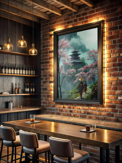 Une peinture encadrée d’un pagode traditionnel japonais entouré de cerisiers en fleurs roses, présentant deux figures marchant le long d’un chemin sous les arbres.