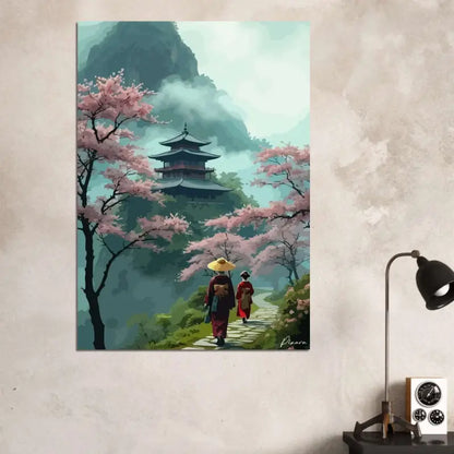 Une impression sur toile rectangulaire dépeignant deux figures en robes traditionnelles marchant le long d’un chemin de pierre bordé de cerisiers en fleurs roses vers un pagoda à plusieurs niveaux niché parmi des montagnes brumeuses.
