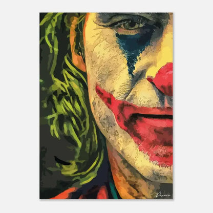 Portrait stylisé et vibrant de l’impression du Joker avec des cheveux verts, du maquillage facial jaune, des lèvres rouges et une traînée de larme bleue.