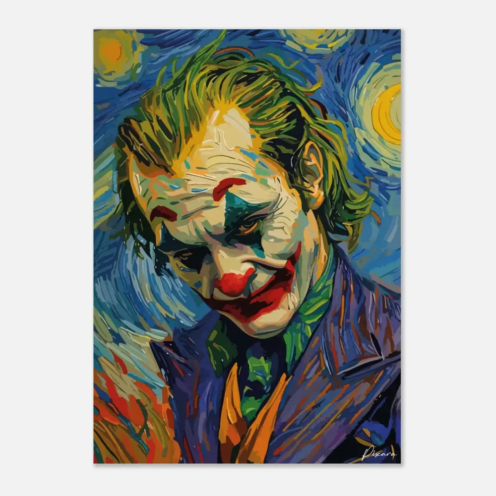 Portrait vibrant et stylisé du joker avec des cheveux verts et un sourire rouge sur un fond tourbillonnant bleu et jaune.