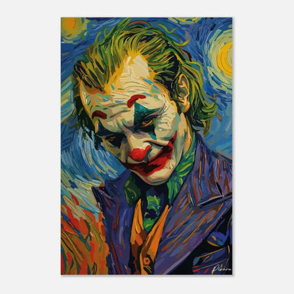 Portrait vibrant et stylisé du joker avec des cheveux verts et un nez rouge, rendu avec des coups de pinceau audacieux évoquant le style de Van Gogh.