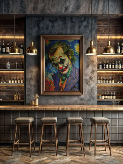 Une peinture vibrante, encadrée, du joker dans un style de portrait stylisé et coloré, est accrochée de manière proéminente sur un mur gris texturé.