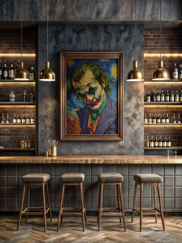 Une peinture vibrante, encadrée, du joker dans un style de portrait stylisé et coloré, est accrochée de manière proéminente sur un mur gris texturé.