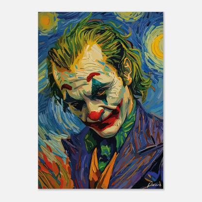 Portrait vibrant et stylisé du joker avec des cheveux verts et un sourire rouge sur un fond tourbillonnant bleu et jaune.