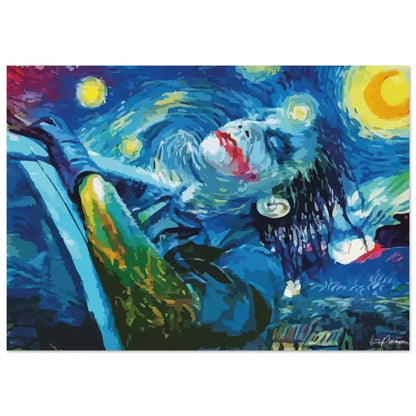 Peinture abstraite vibrante en bleu et jaune d’une figure allongée sous des étoiles tourbillonnantes.