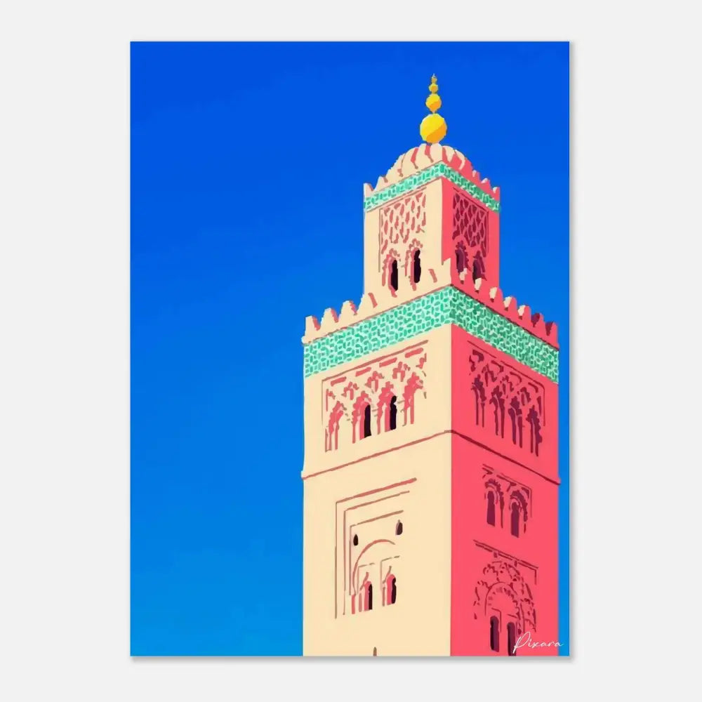 Illustration stylisée vibrante du minaret de la mosquée Koutoubia à Marrakech, présentant des sections audacieuses en rose et crème avec un travail de carrelage vert complexe et un fleuron doré sur un ciel bleu profond.
