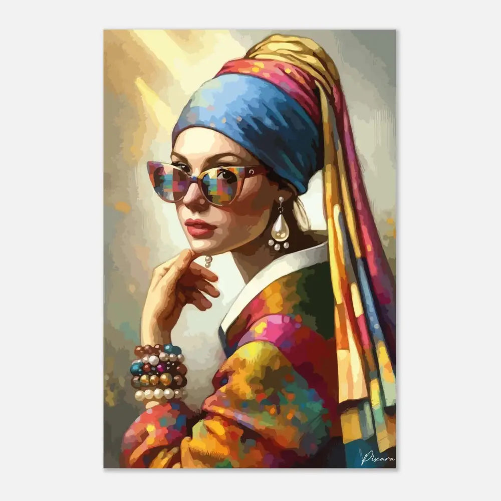 Une réinterprétation vibrante et moderne de la célèbre peinture ’La jeune fille à l’oreille de perle’ avec des couleurs audacieuses et des accessoires contemporains.