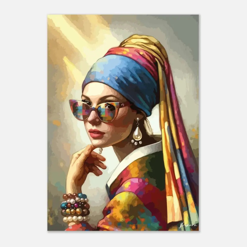 Une réinterprétation vibrante et moderne de « La Jeune Fille à la perle » de Vermeer, présentant le sujet avec des lunettes de soleil stylées et un foulard coloré.