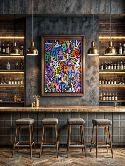 Un tableau abstrait vibrant et coloré dans un cadre en bois est accroché au mur au-dessus d’un bar.