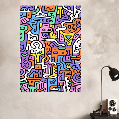 Toile abstraite vibrante mettant en scène des figures audacieuses et colorées de style cartoon dans un style géométrique ludique.