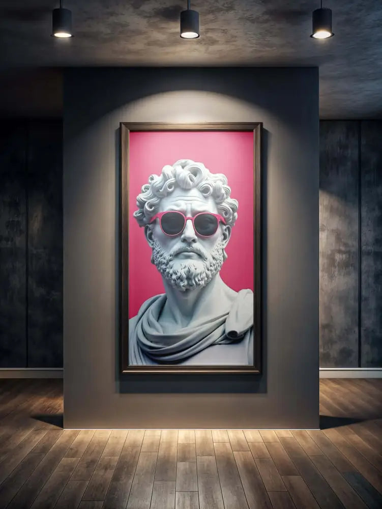 Un portrait encadré d’un buste de marbre classique portant des lunettes de soleil roses sur un fond rose vibrant.